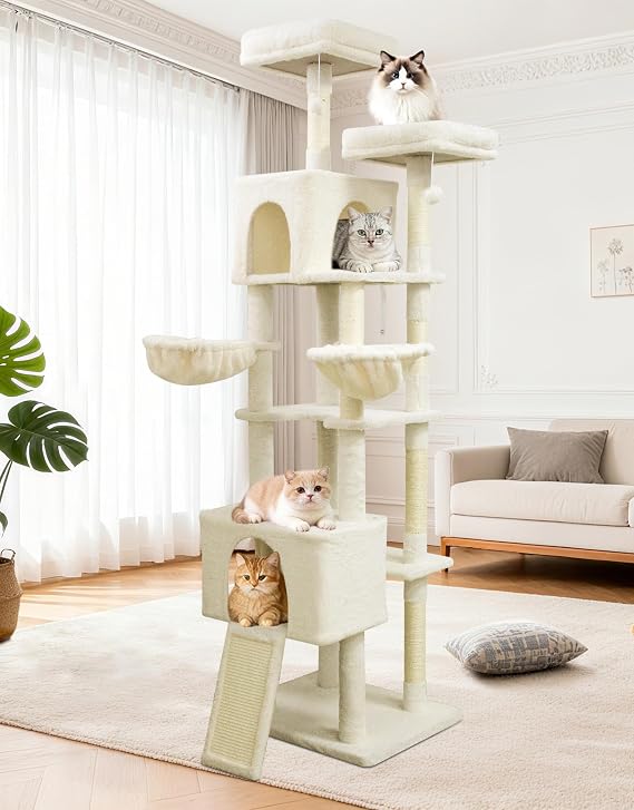 82" Giant Cat Tree for Indoor Cats Large Adult Tall Cat Tower | Heavy Duty Cat Tree Tower, Extra Large Cat Trees with Scratching Posts, Cat Condos, Hammock,Top Perch,Ramp (Beige)