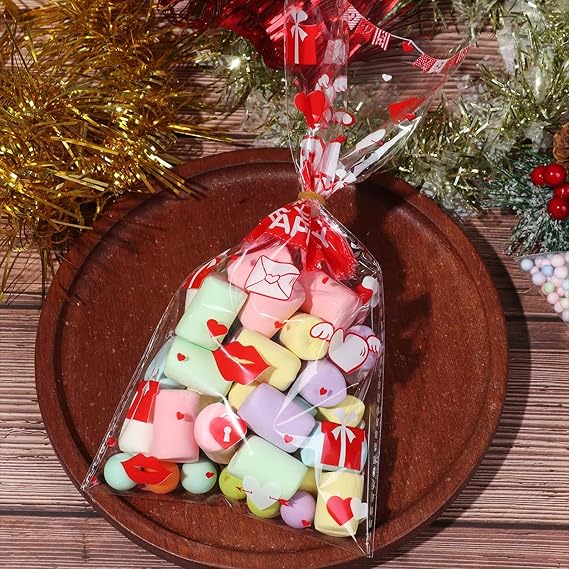 Resealable Cellophane Bags Cookie Heart-shaped Printed Poly Candy for Dessert Party Treats Bakery Soap Treat Bags for Candy Christmas Halloween Birthday Party Trick or Treating Party
