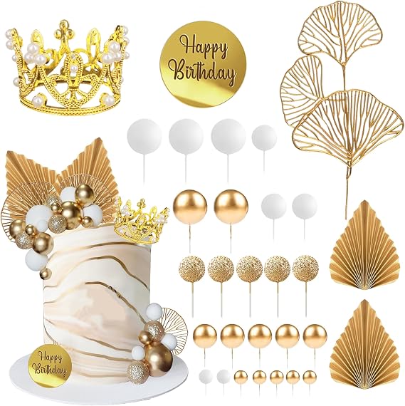 Balls Cake Toppers Crown Tiara Cake Topper Happy Birthday Cake Decorations for Birthday Boho Wedding Baby Shower Party Decorations (White Gold)