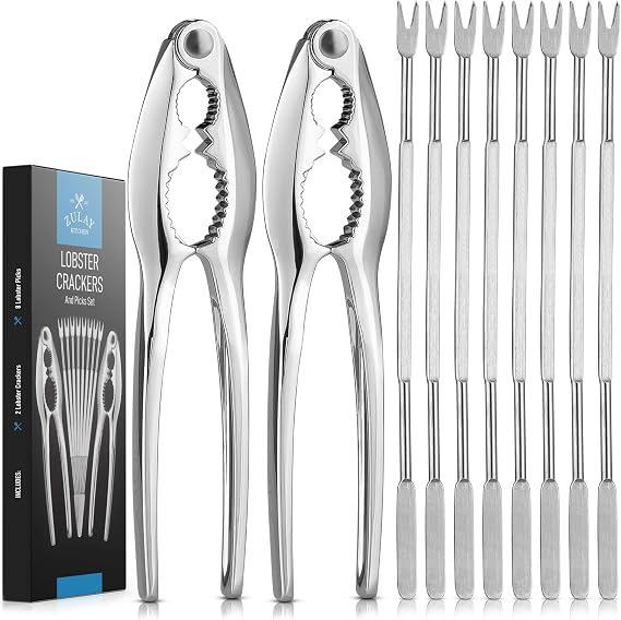 Zulay 10-Piece Crab Crackers and Tools Set - Heavy Duty Crab Leg Crackers and Tools & Sharp Tines - Sturdy Lobster Crackers and Picks Set For Opening & Scooping Shellfish, Crab Claws, Nuts and More