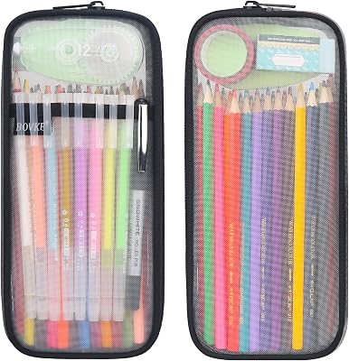 BOVKE Grid Mesh Pencil Case Pen Bag Clear Case Pen Marker Pouch School Stationery Organizer Teen Girls Boys Transparent Art Supplies Case Travel Office College Gift for Adults, Kids, Students, Black
