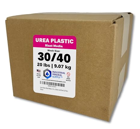 Urea Plastic Blast Media - Mesh Size 30/40 - Plastic Abrasive for Stripping Paint and Removing Coatings from Cars, Aircraft, Trucks, Trailers, Trains, Vans, Buses and Steel (20 lbs.)
