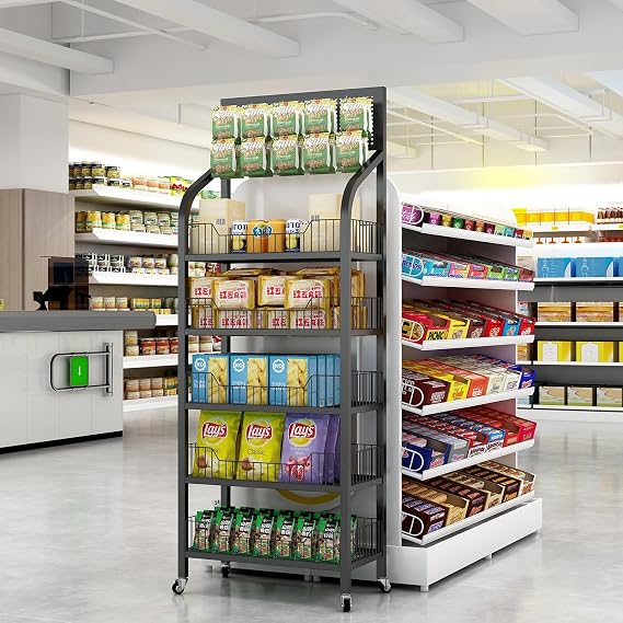 5 Tier Snack Rack Display Stand, Chip Rack Display Stand with Wheels | Metal Retail Display Shelves for Store, Supermarket Retail Display Shelves, Store Display and Candy Display (Black)