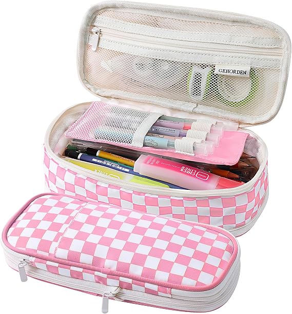 Checkered Pencil Pouch With Zipper Pencil Case for Teens Girls Student Back to School(Pink)