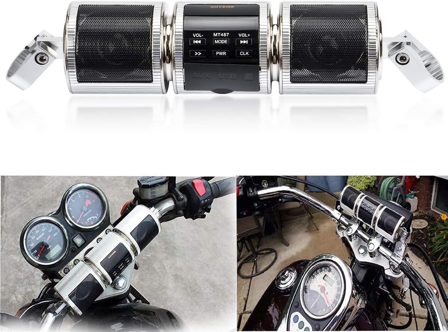 PSLER Motorcycle Music Player, Waterproof Bluetooth Wireless Speaker Jet Ski Stereo Sound System Radio for Motorcycle Scooter Bike ATV Handlebar Mount FM Radio MP3 Player Silver