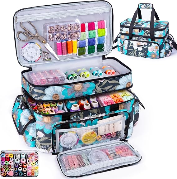AMOIGEE Large 15" Double-Layer Sewing Organizer Bag w/Detachable Dividers