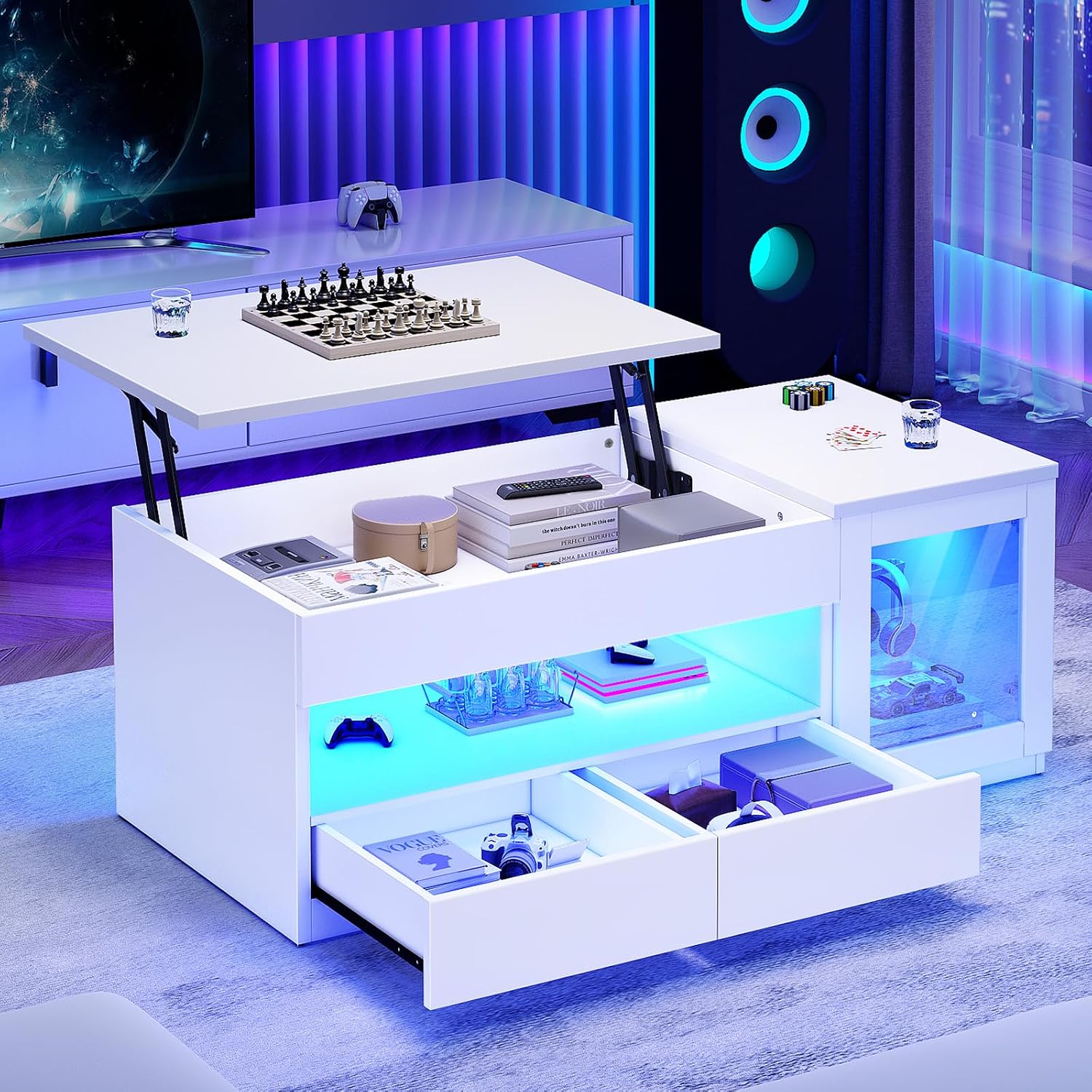 Itaar 39.4 Lift Top Coffee Table with 2 Drawers, Modern LED Coffee Tables for Living Room, Coffee Table with Glass Storage Cabinet, White