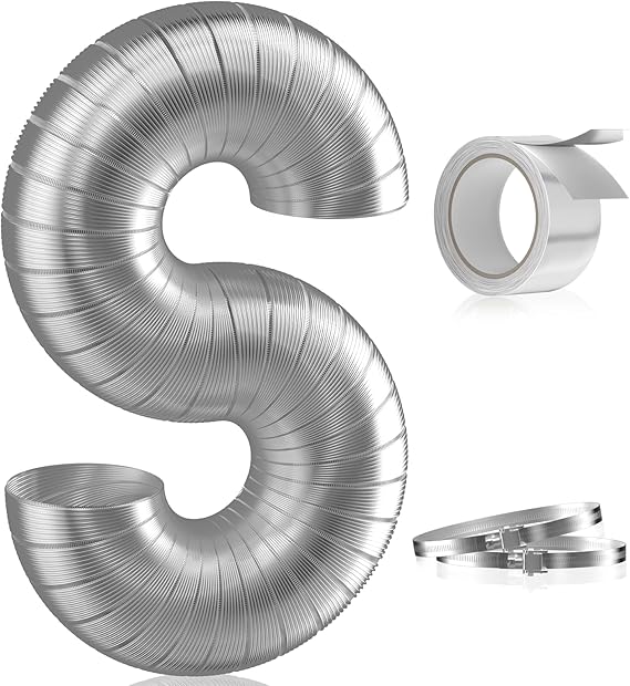 Hon&Guan 4-inch Semi Rigid Dryer Vent Hose, 8 Feet Flexible Aluminum Duct with 2 Clamps, and Aluminum Foil Tape