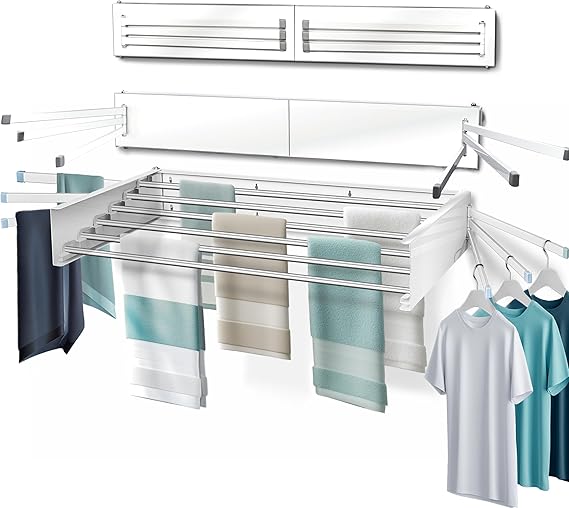 MODERN-X Wall Mounted Clothes Drying Rack Foldable w/ 2 Fold Out Towel Racks Built-in, 35in, 26 Ln. ft of Laundry Rack Space, 6 Collapsible Rods, Fits 2X More Clothes & Holds up to 80lbs, White