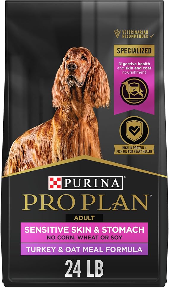 Purina Pro Plan Sensitive Skin & Stomach Dry Dog Food, Turkey, 24 lb Bag | Real Turkey & Oat Meal, digestive health, high protein dog food with fish oil, omega-6 fatty acids for healthy skin and coat