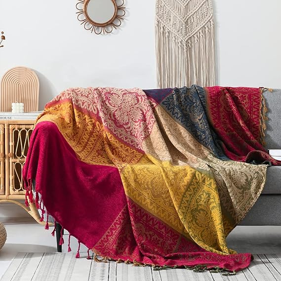 Boho Throw Blanket Couch Woven - Bohemian Tribal Striped Softest Chenille Colorful Jacquard Blanket, Hippie Decor Bed Throws for Couch Cover Sofa Chair, 60X75, Red Navy Masturd