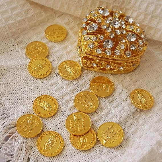 Wedding Arras Coins Set, Gold Heart Box 13 Virgen of Guadalupe Coins | Arras Para Boda Catolica for Mexican Wedding Accessories, Marriage, Ceremony, Gift, Crystal Decorative Box
