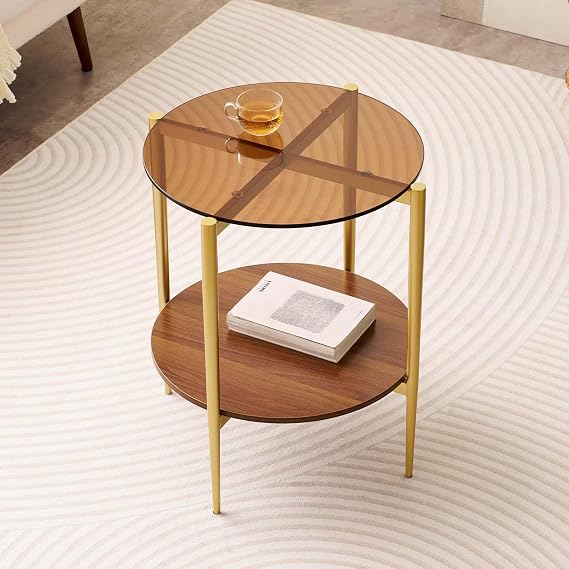 LumFurn D18in Round Glass End Table, Mid-Century Modern Design Side Table for Living Room, D18xH23inch, Amber Glass and Walnut MDF Wood, Conical Legs with Gold Finish Frame