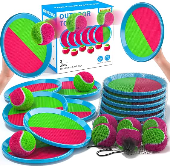 Toss and Catch Sticky Ball Game Set, Outdoor Beach Toys for Kids Adults | Portable outdoor yard beach playset, safe sticky ball design, fun interactive party game, Christmas birthday holiday gift