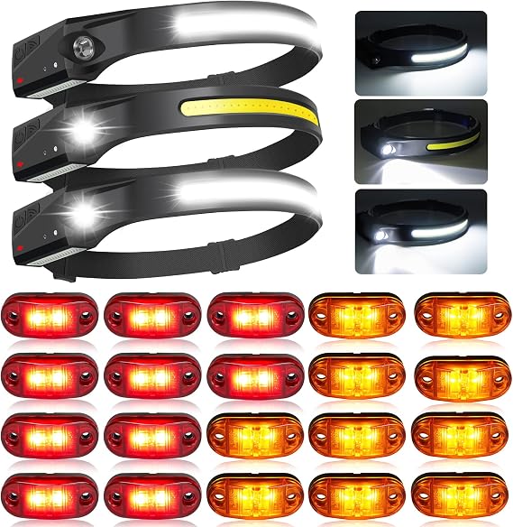 20Pack LED Trailer Lights Side Marker Clearance Indicators Light Lamp, 3Pack LED Headlamp Rechargeable Head Lamp Flashlight Headlight