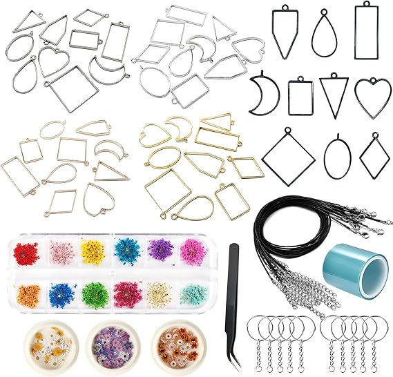 Allazone 76 PCS Open Bezel Charms with Pressed Flower Set Includes 50 PCS Open Bezels, Tweezers, Seamless Resin Tape, Keychain for Craft DIY