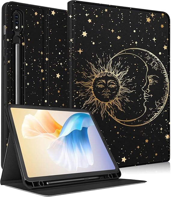 Wazzasoft for Samsung Galaxy Tab S8/Tab S7 Case 11 Inch for Women Girls Cute Folio Cover with Pencil Holder Aesthetic Design Kawaii Sun Moon Stars Tablet Cases for Samsung Tab S7/Tab S8 Case 2022/2020