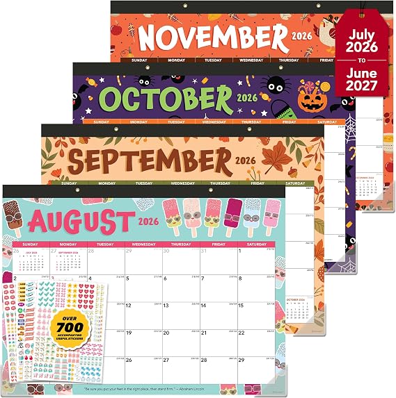 Decorably 12 Months Colorful Assorted Academic Desk Calendar 2026-2027