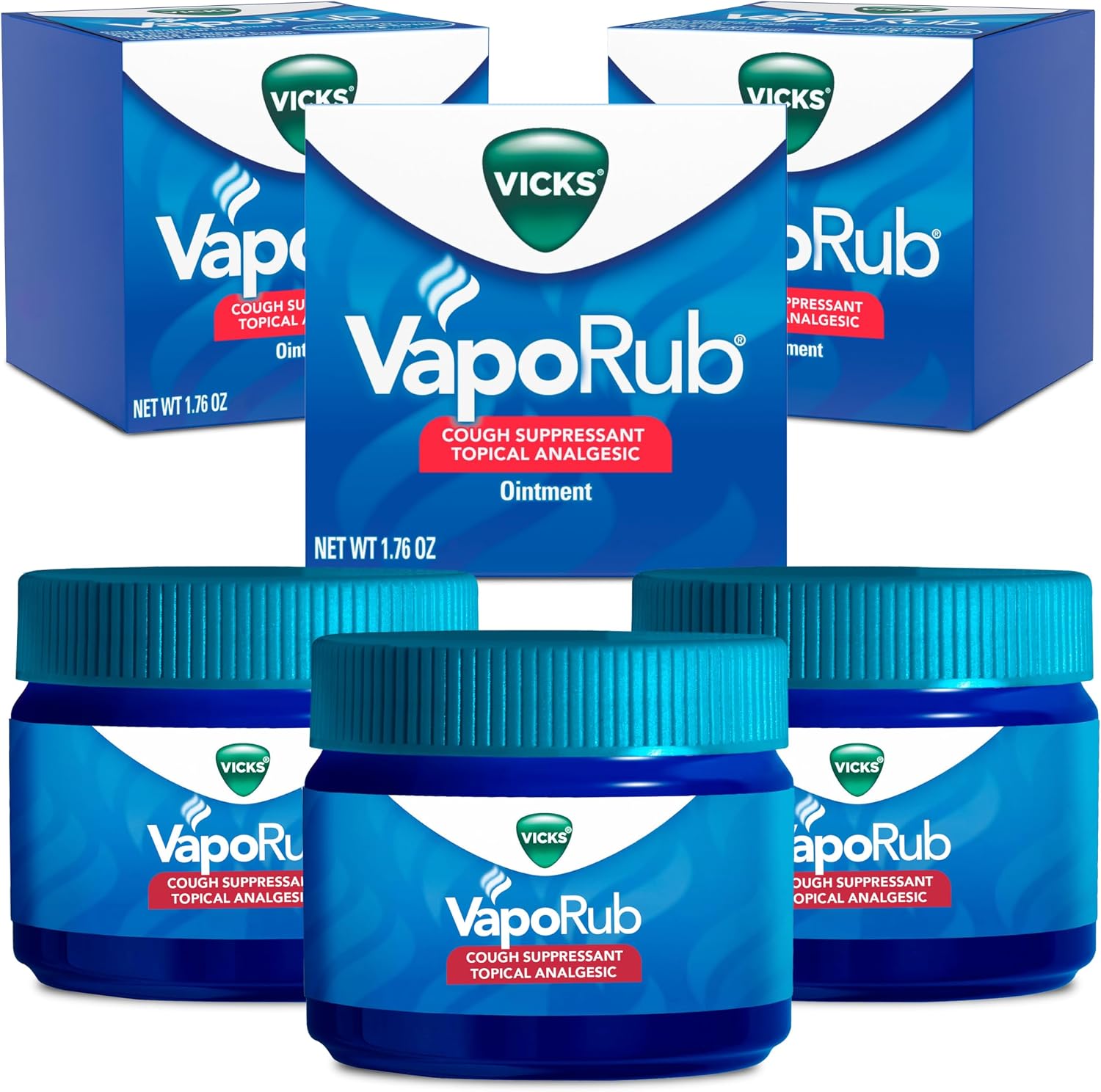 Vicks VapoRub, Original, Cough Suppressant, Topical Chest Rub & Analgesic Ointment, Medicated Vicks Vapors, Relief from Cough Due to Cold, Aches & Pains, 1.76oz each pack of 3