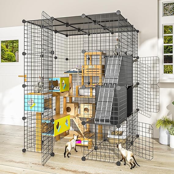 PAWING Large Cat Cage Indoor - Metal Wire Cat Enclosure with Storage Cube, Detachable Kitty Cage with Platform for 1-3 Cats, 3x3x4 Spacious Cat Kennel