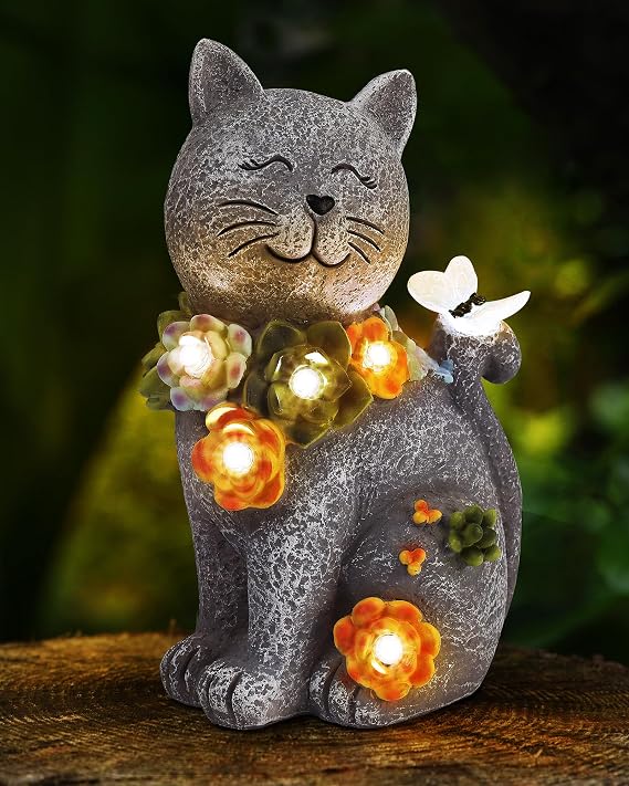 Vuees Solar Garden Statues Outdoor Decor, 6 LED Cat Flowers Butterfly Figurine Lights, Waterproof for Balcony Patio Porch Lawn Yard Ornament Art - Gift Ideas for Housewarming Gardening Grandma Women