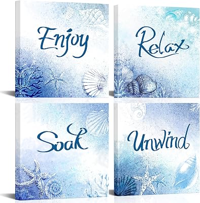 HOMEOART Blue Bathroom Wall Art Blue Pictures Ocean Beach Bathroom Decor Coastal Canvas Wall Art Relax Soak Unwind Art Print Framed Artwork 12x12inchx4 Piece