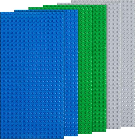 6 Pcs Classic Baseplates, Rectangle Building Base with 16 x 32 Stud Board,12.9 x 25.6 CM Building Board Baseplate,Compatible with Lego, All Major Brands, Build and Display Board Set(Grey/Green/Blue)