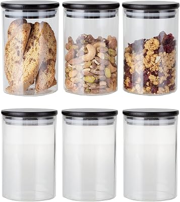 Crutello Glass Food Storage Containers with Black Bamboo Lids, 6 Pack - 16 Fluid oz Airtight Clear Kitchen Organization Canisters with Black Lids