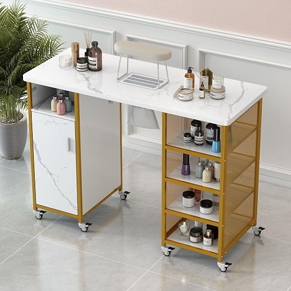 Manicure Table Nail Desk for Nail Tech,Nail Table Station w/Electric Dust Collector,Nail Technician Table Nail Makeup Table for Beauty Shop w/Lockable Wheels&Cabinet, Gold Frame Open Storage Shelf