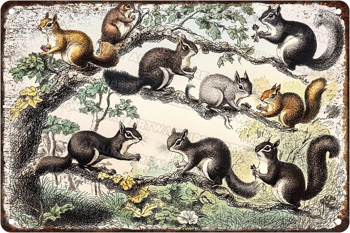 Squirrel Vintage Animal Poster Metal Tin Sign Funny Squirrel Sign for Man Cave Garden Shed Bar Bedroom Home Kitchen 8x12inch