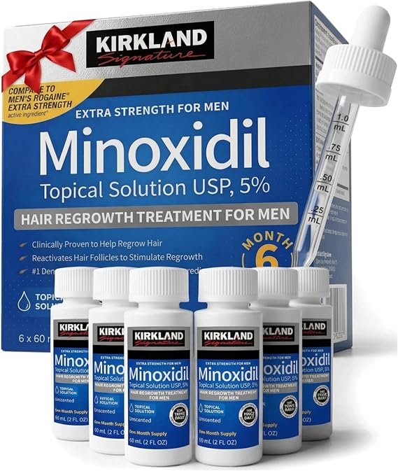 Kirkland Signature Minoxidil 5% Topical Solution for Men, Unscented, Original Manufacturer Packaging 6 Month Supply
