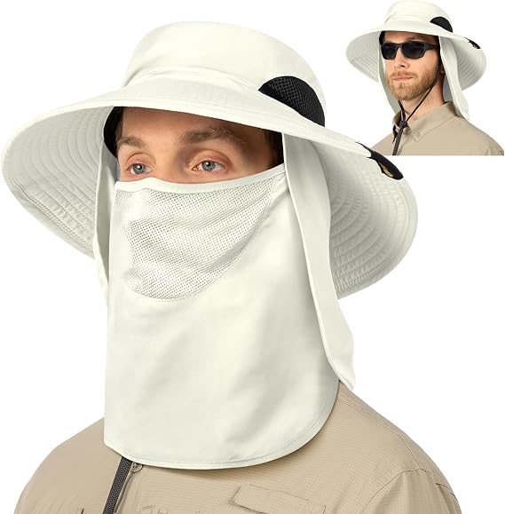 SUN CUBE Wide Brim Sun Hat with Neck Flap & Removable Face Cover, UPF 50+ Boonie Hat for Men Women, Fishing Hiking Gardening