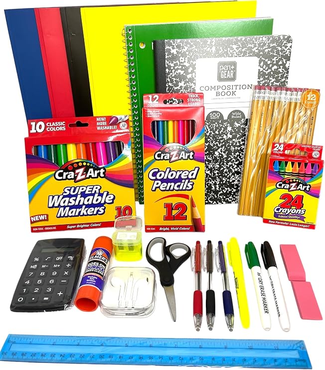 Back to School Supplies Essential Bundle - 4th Grade | 5th Grade | 6th Grade | 7th | 8th Grade Notebook, Folders,Headphones, Markers, Glue, Ruler, Crayons