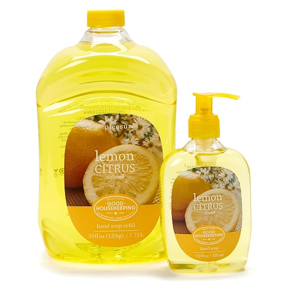 SIMPLE PLEASURES Lemon Citrus Hand Soap Refill Set, 7.9oz + 59oz | Kitchen and Bathroom, Pump Bottle Plus Jumbo Refill, BPA Free, Good Housekeeping Approved