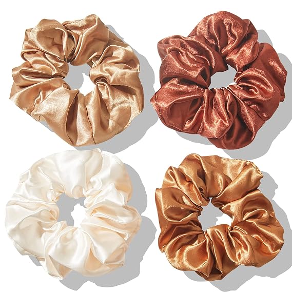 4Pcs Silk Satin Hair Ties, Oversized Scrunchies Brown Set | Soft Hair Scrunchies, Elastic Ponytail Holder Decorations, Hair Style Accessories for Women Girls Gift