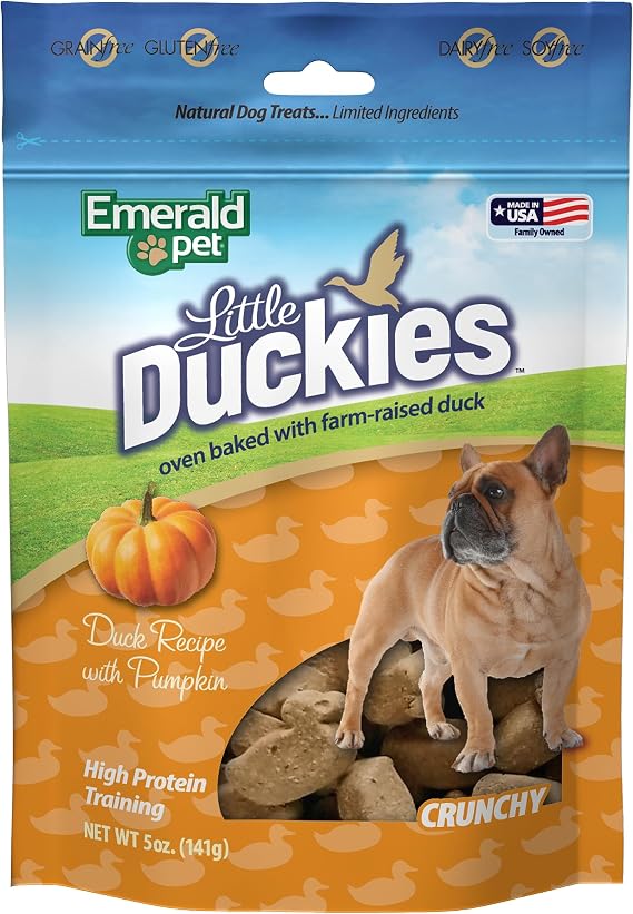 Emerald Pet Little Duckies Duck Dog Treats Crunchy and Tasty Natural Dog Treats Made with Protein-Rich Roasted Duck Meat Healthy, Grain Free Dog Treats Made in The USA Pumpkin, 5 oz