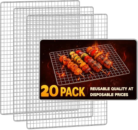 20PCS BBQ Grill Topper,Disposable & Reusable Grill Grates,11.8X15.7 Inch Baking Rack,Silver Wire Rack Accessories Replacement for Grills Series