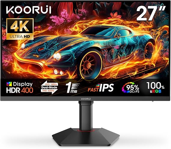 KOORUI G2741L Gaming Monitor 27 Inch Dual Mode 4K UHD 3840 x 2160 at 160Hz and FHD at 320Hz PC Screen Fast IPS 1ms HDR 400 2xHDMI 2.1 & DP1.4