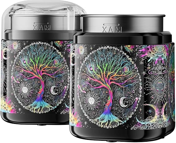 Spice Grinder, One-Touch Fast Grinder with Stainless Steel Blades, Cute Grinder with Unique Pattern Design, Electric Grinder for Spices, 5.1" (Black)