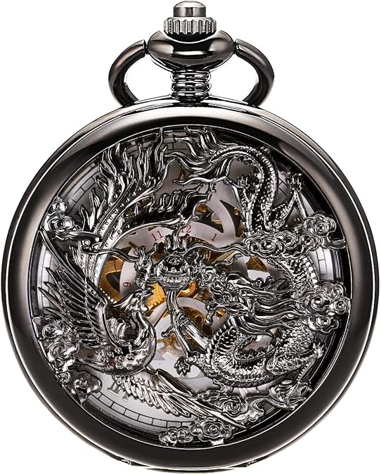 SIBOSUN Mechanical Pocket Watches Mens Lucky Phoenix and Dragon Skeleton Pocket Watch Black Antique Roman Numerals Box