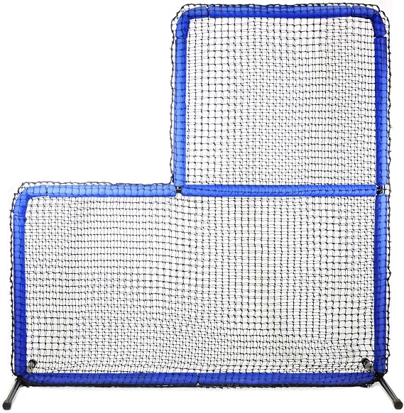 JUGS Protector Blue Series L-Shaped Pitchers Screen Baseball Pitcher and Pitching Machine Protection, 7'H x 7'W with a 3' x 3' cutout, 60 Ply Poly-E Netting and 1.5 Diameter Frame,