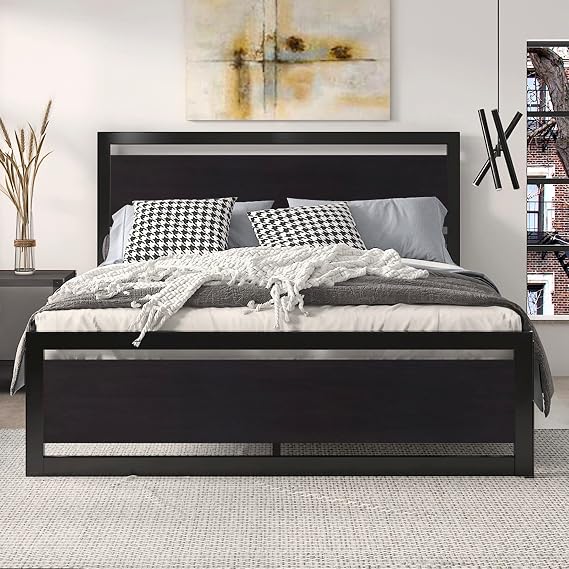SHA CERLIN Heavy Duty Full Size Bed Frame with Modern Headboard, Black