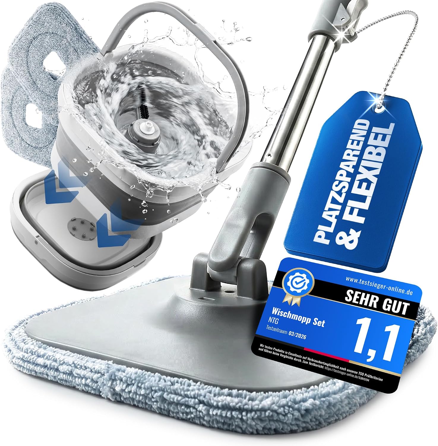 NTG WISCHMOPP Set MIT Eimer – Mop Set mit Flex-Eimer & Teleskopstange – 2-Kammer-System und Schleudertechnologie – Mikrofaser Bodenwischer Roto Mop für alle Böden