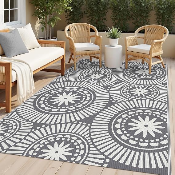 Ileading Outdoor Patio Rug Waterproof, Reversible Plastic Straw Mat, Grey Geometric Outside Carpet Quick Dry, Portable Area Rug for Deck Porch Balcony Camping RV (58 ft)