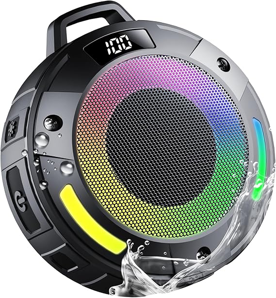 Bluetooth Speaker, 2025 Portable Wireless Shower Speaker, Digital Display Portable Speaker with Detachable hook ,IPX7 Waterproof with LED Light, HD Sound & Bass for Bathroom, Pool, Beach & Outdoor