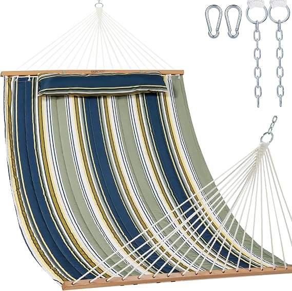 Lazy Daze Double Quilted Hammock with Spreader Bar for Outside, Forest | 12FT 2 Person Hammock with Detachable Pillow and Carabiners for Outdoor Patio Backyard, 450lbs Weight Capacity