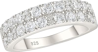 Wuziwen Wide Wedding Bands for Women 2 Row Eternity Ring Anniversary Rings for Her Cubic Zirconia 925 Sterling Silver