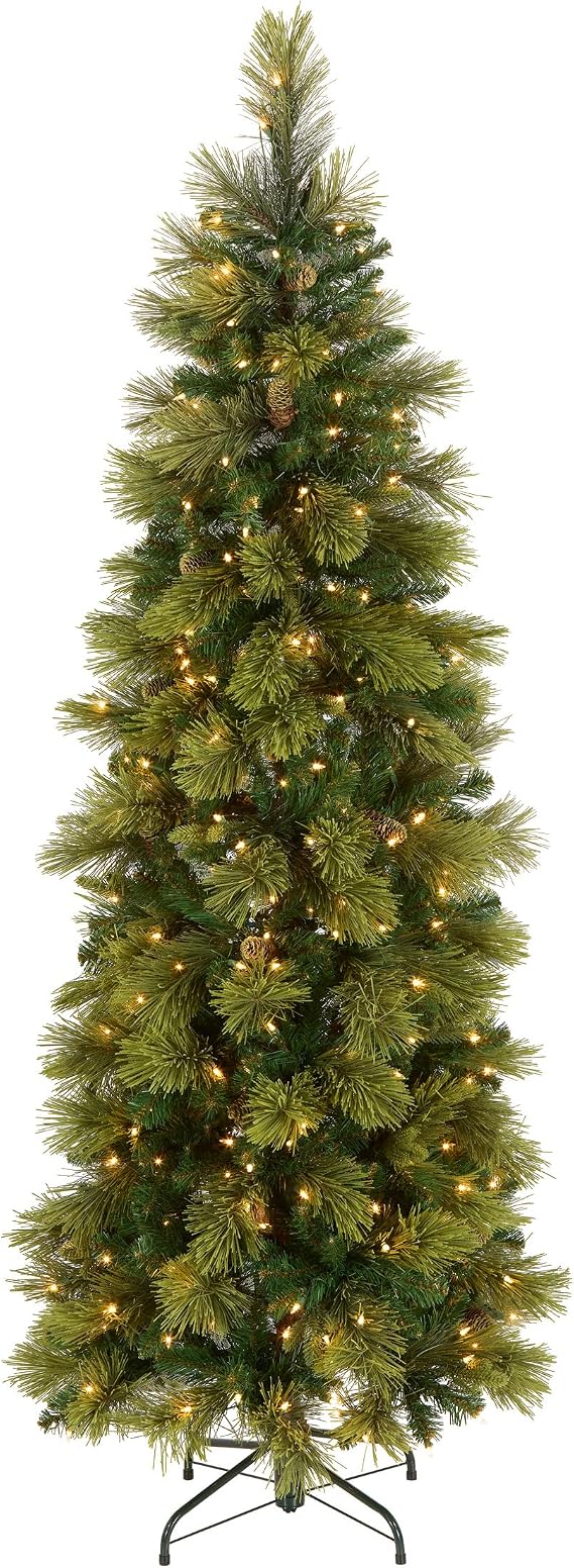 National Tree Company 6.5 ft Pre-Lit Carolina Pine Slim Artificial Christmas Tree, 350 Clear Lights, 516 Tips, Includes Stand, Green