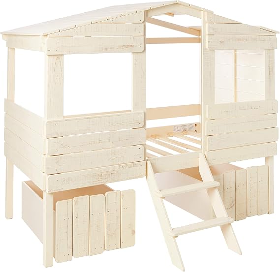 Donco Kids Beach House Cabin Twin House Bed, Rustic Sand with Dual Under Bed Drawers