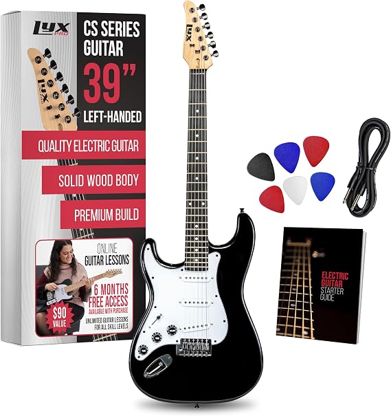 LyxPro CS 39 Left Hand Electric Guitar Kit for Beginner, Intermediate & Pro Players with Guitar, Amp Cable, 6 Picks & Learners Guide, Solid Wood Body, Volume/Tone Controls, 5-Way Pickup - Black